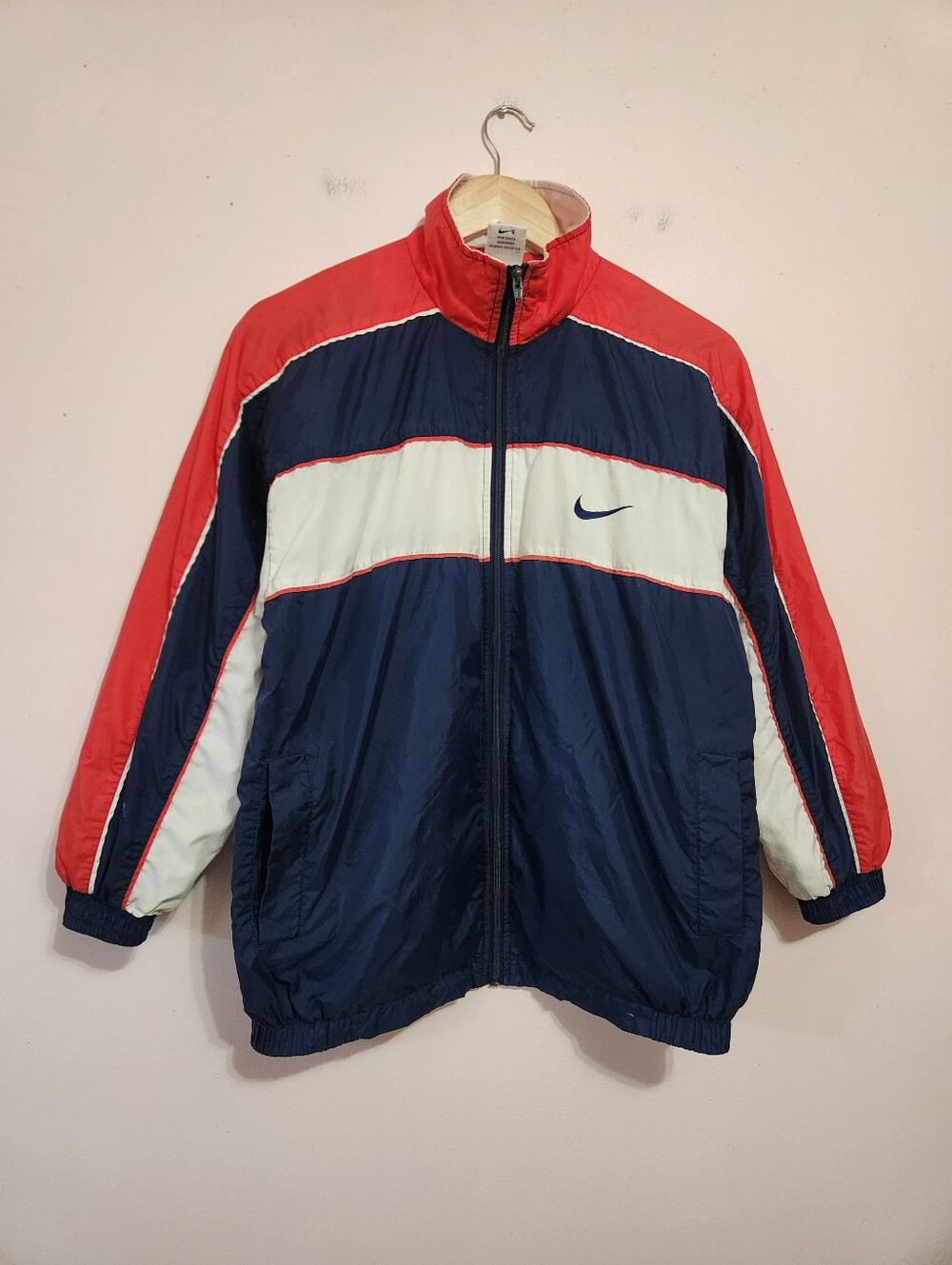 Vintage 90s Nike Colorblock Windbreaker Track Jacket Navy Red White Swoosh L
